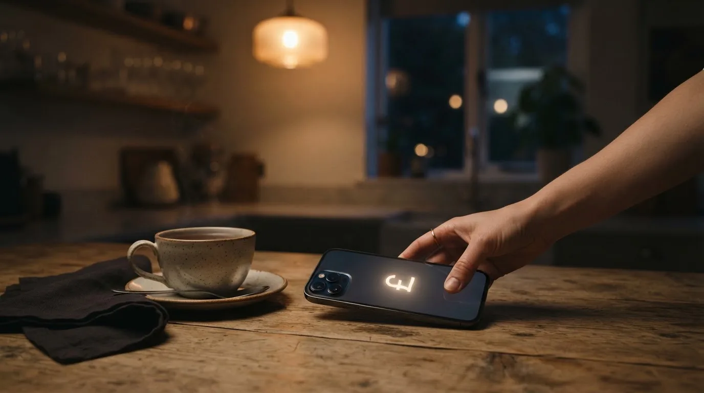 A hand setting a smartphone down beside a cup of tea on a kitchen table on a quiet evening