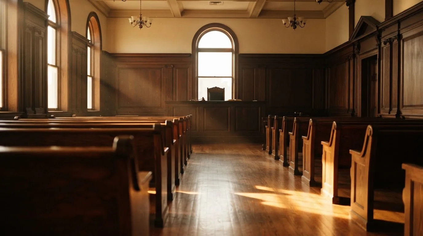 An empty courtroom with wooden benches in morning light