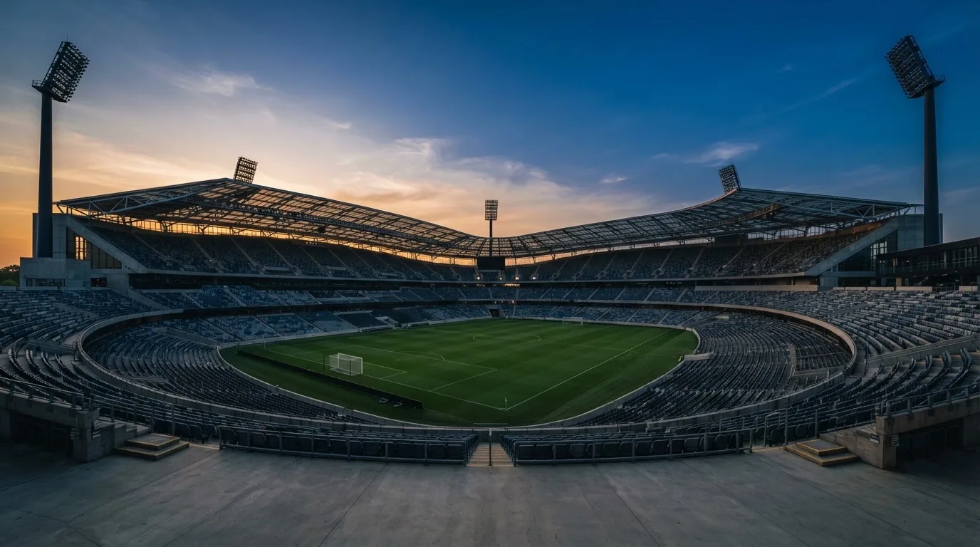 An empty football stadium with floodlight masts at dusk