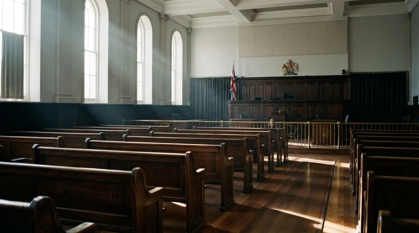An empty courtroom with wooden benches in morning light