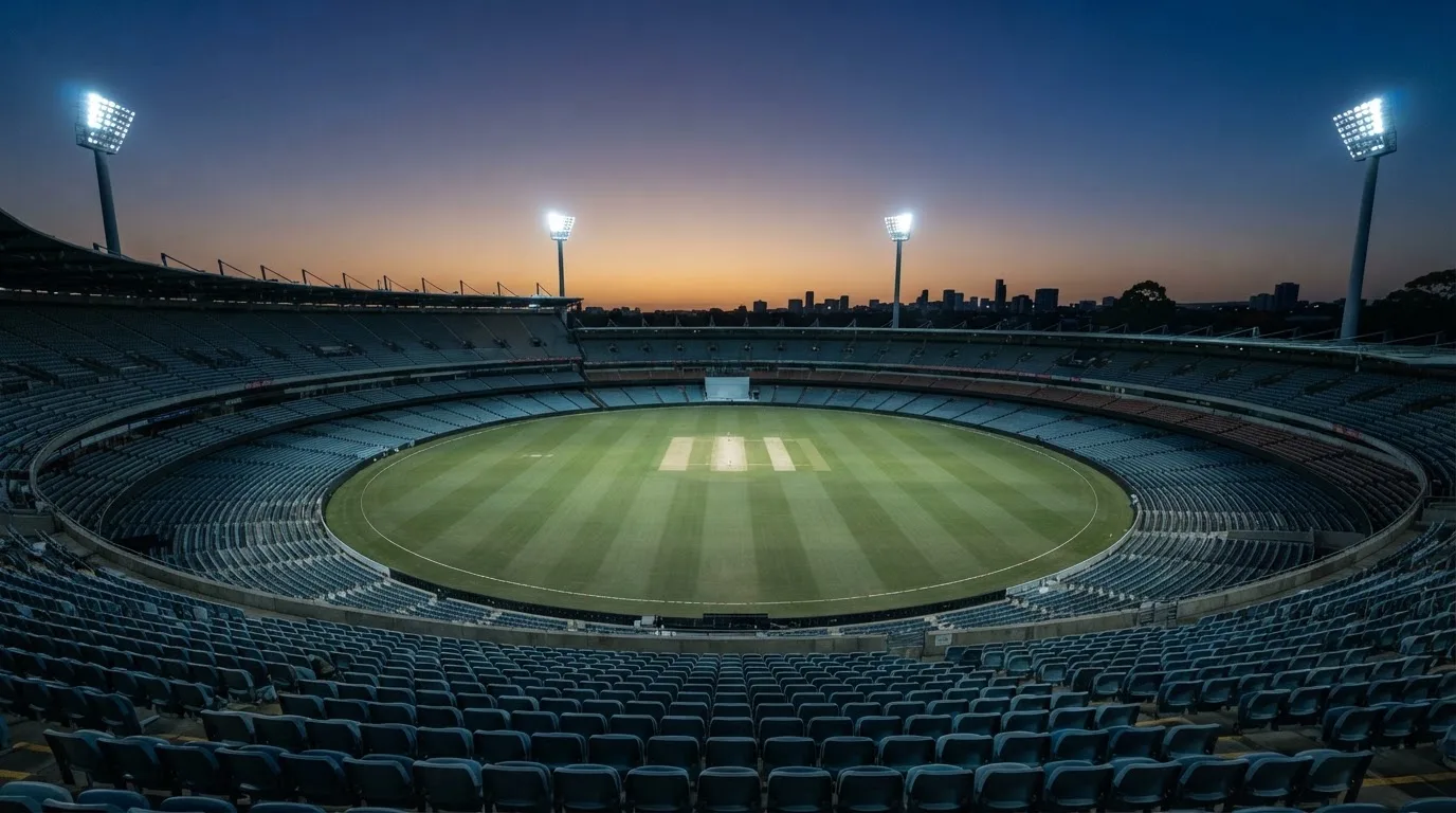 An empty football stadium with floodlight masts at dusk