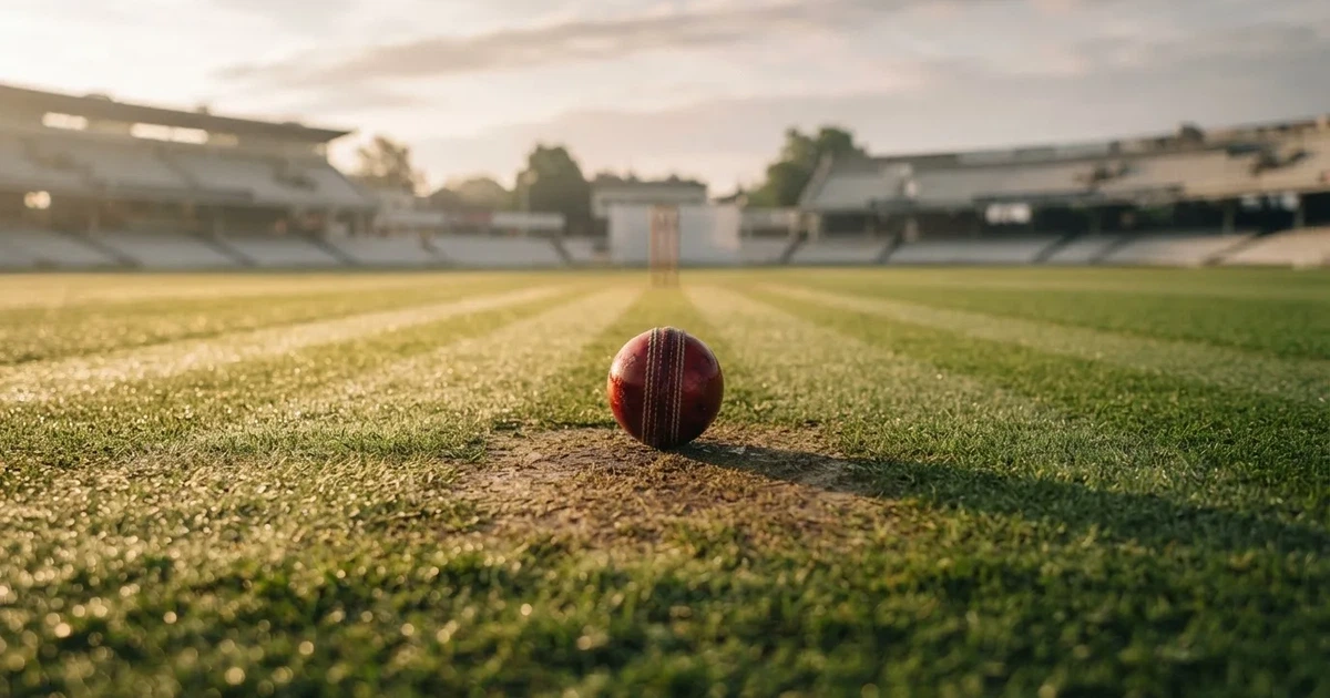 A ball on the centre spot of a grass pitch in morning light