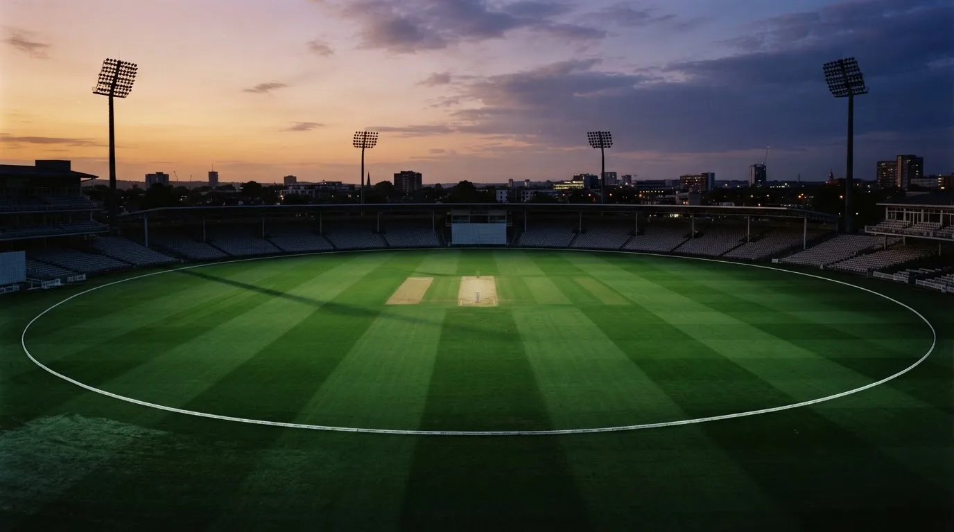 An empty football stadium with floodlight masts at dusk
