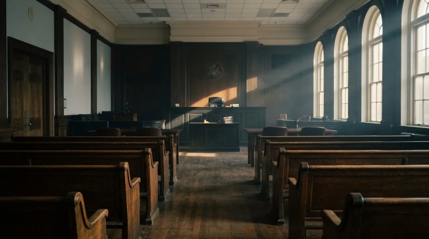 An empty courtroom with wooden benches in morning light