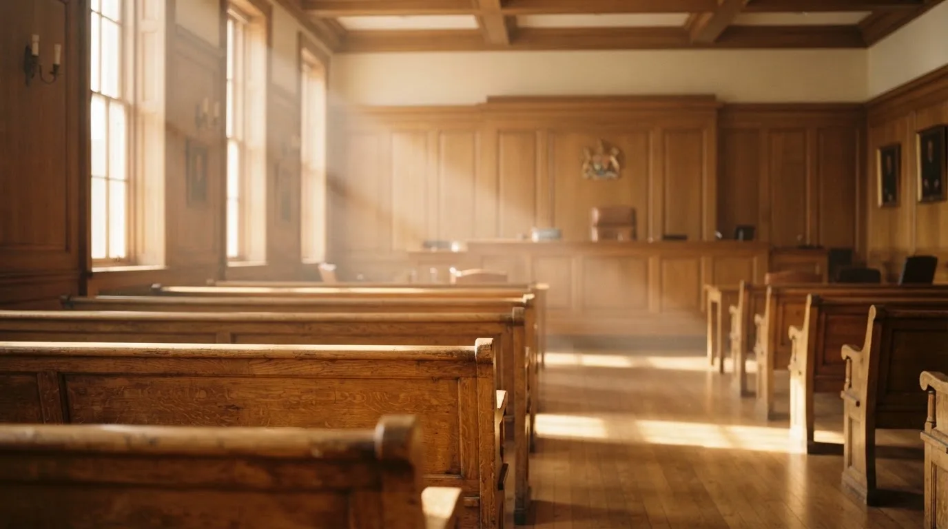 An empty courtroom with wooden benches in morning light