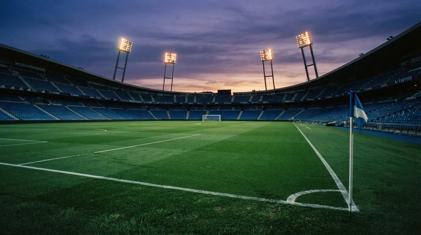 An empty football stadium with floodlight masts at dusk