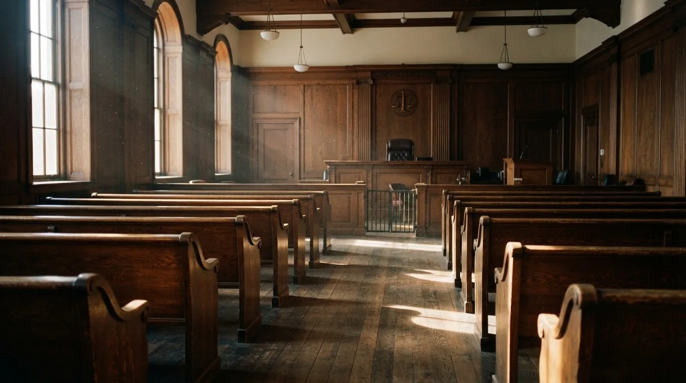 An empty courtroom with wooden benches in morning light
