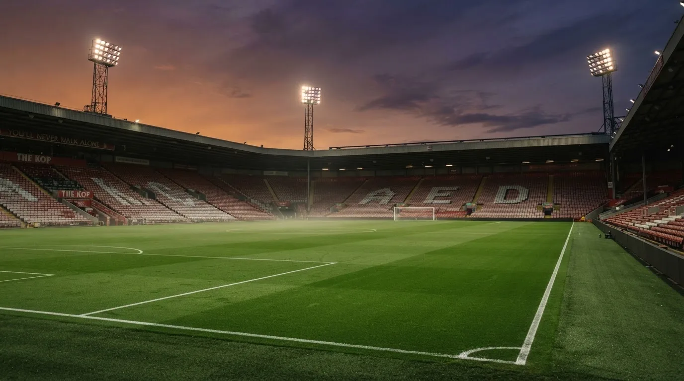 An empty football stadium with floodlight masts at dusk