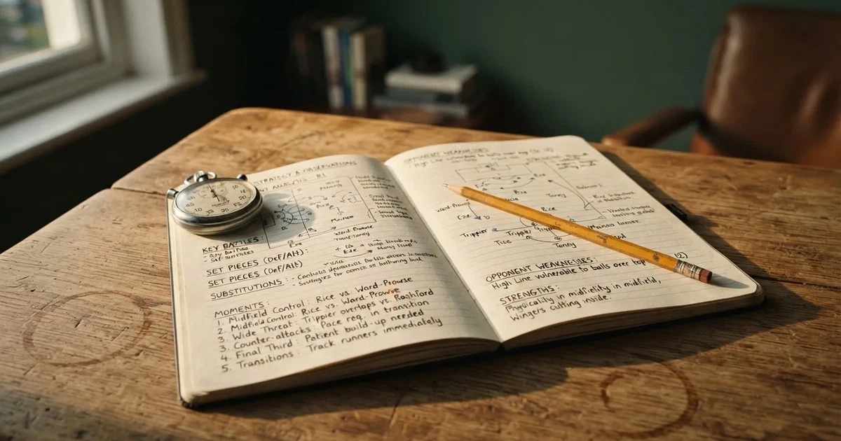 An open notebook with a pencil and a stopwatch on a wooden table