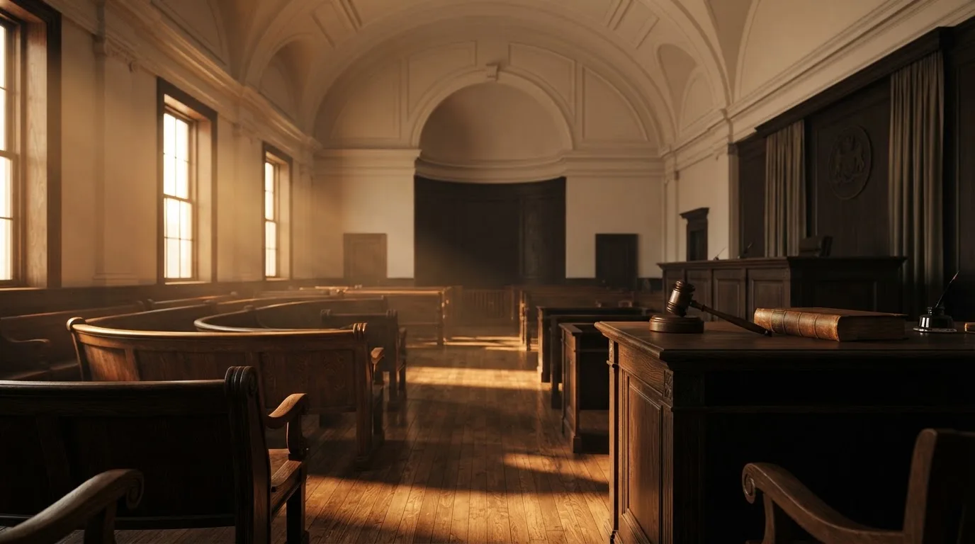 An empty courtroom with wooden benches in morning light