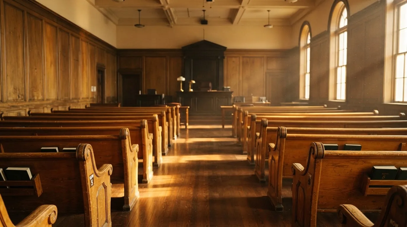 An empty courtroom with wooden benches in morning light