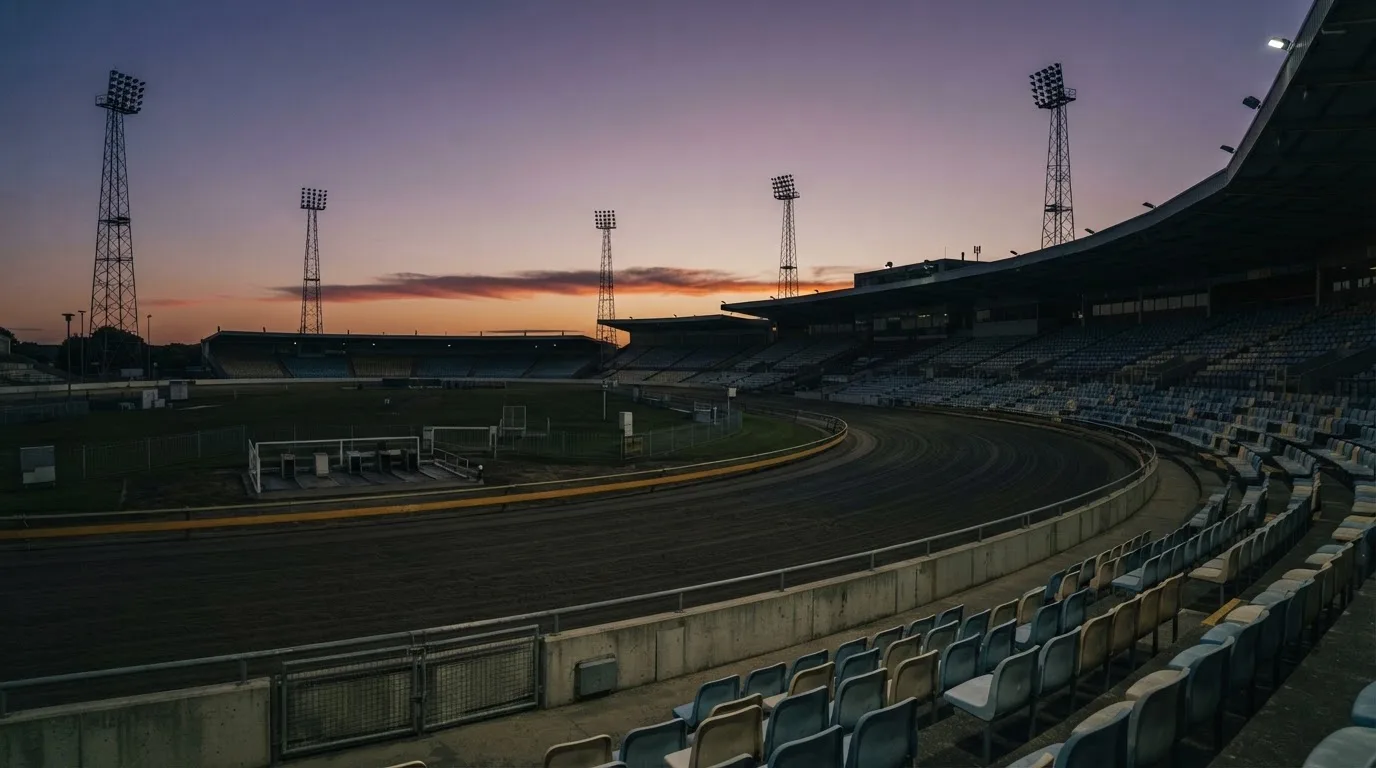 An empty football stadium with floodlight masts at dusk