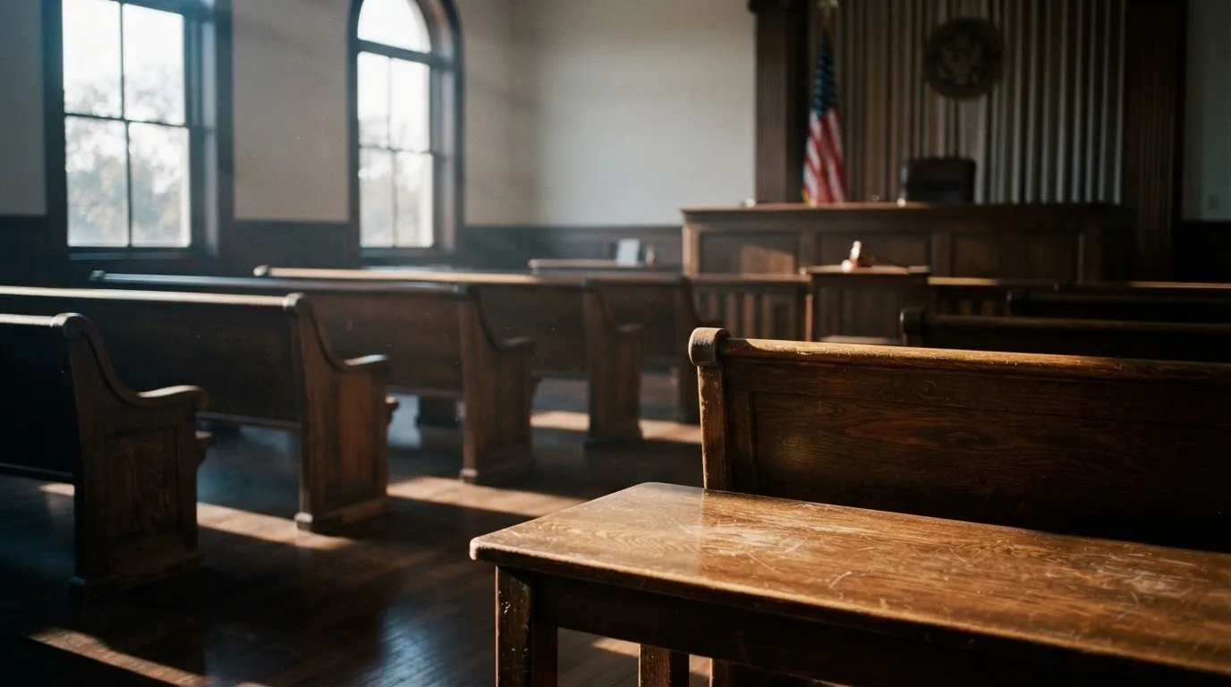 An empty courtroom with wooden benches in morning light
