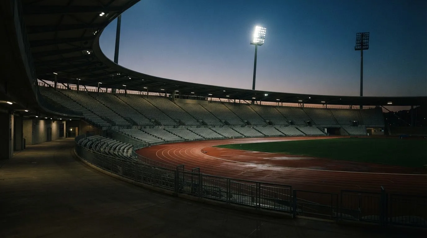An empty football stadium with floodlight masts at dusk