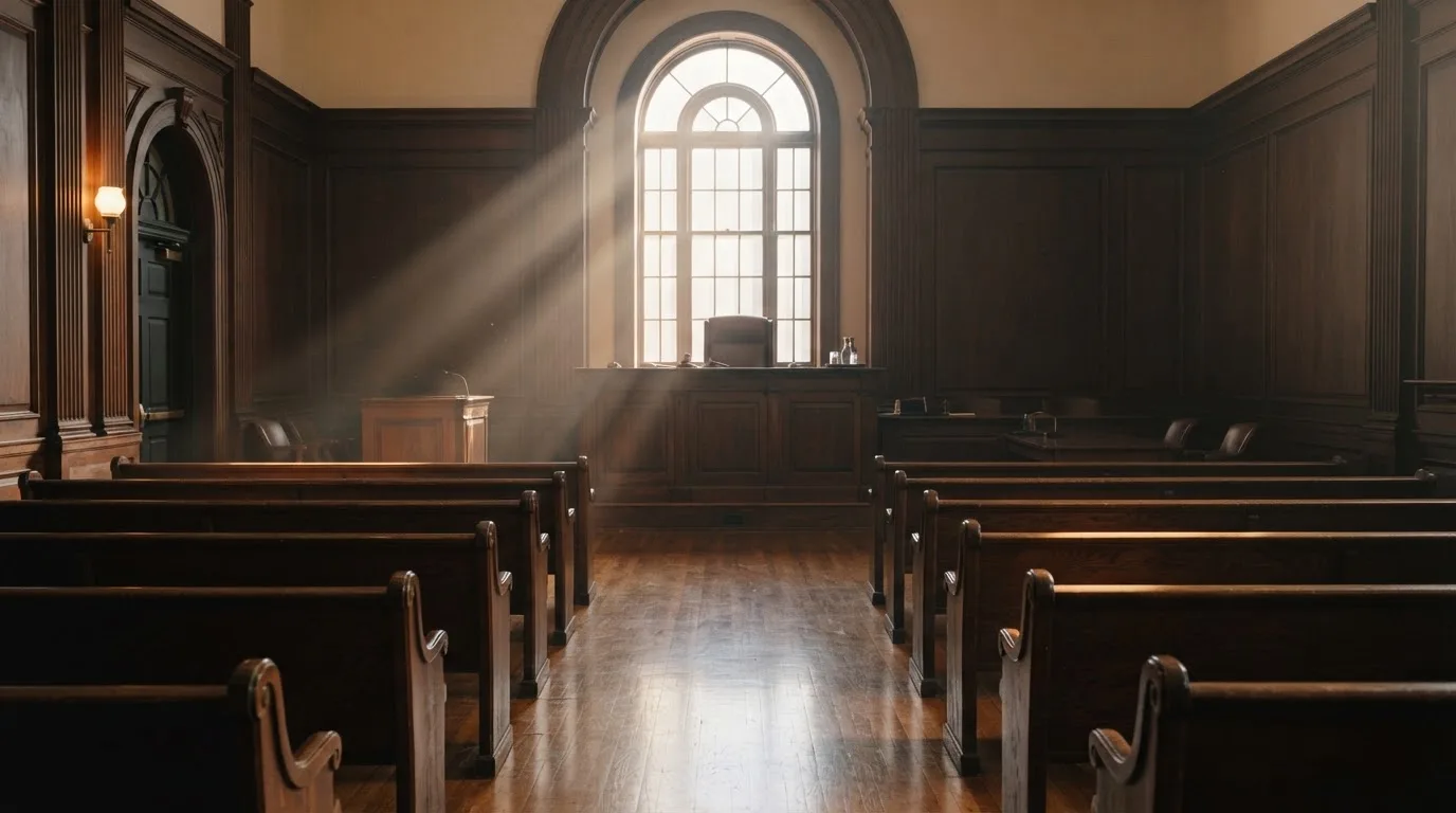 An empty courtroom with wooden benches in morning light