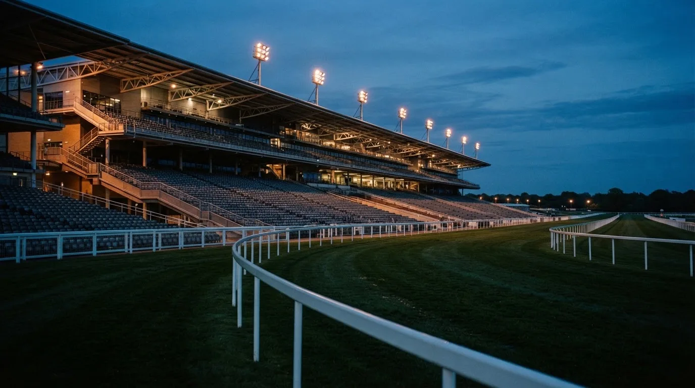 An empty football stadium with floodlight masts at dusk
