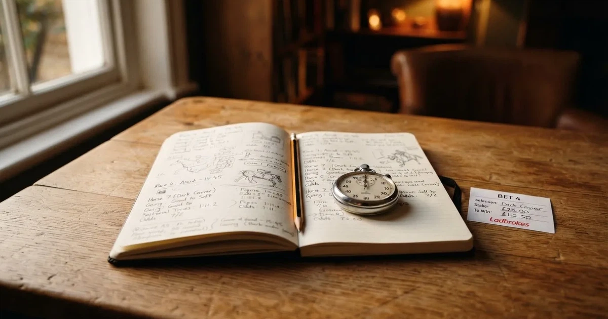 An open notebook with a pencil and a stopwatch on a wooden table
