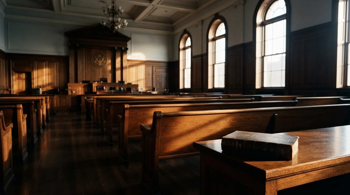 An empty courtroom with wooden benches in morning light