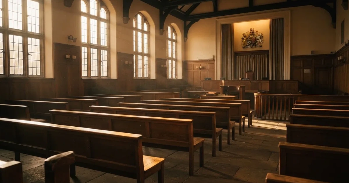 An empty courtroom with wooden benches in morning light