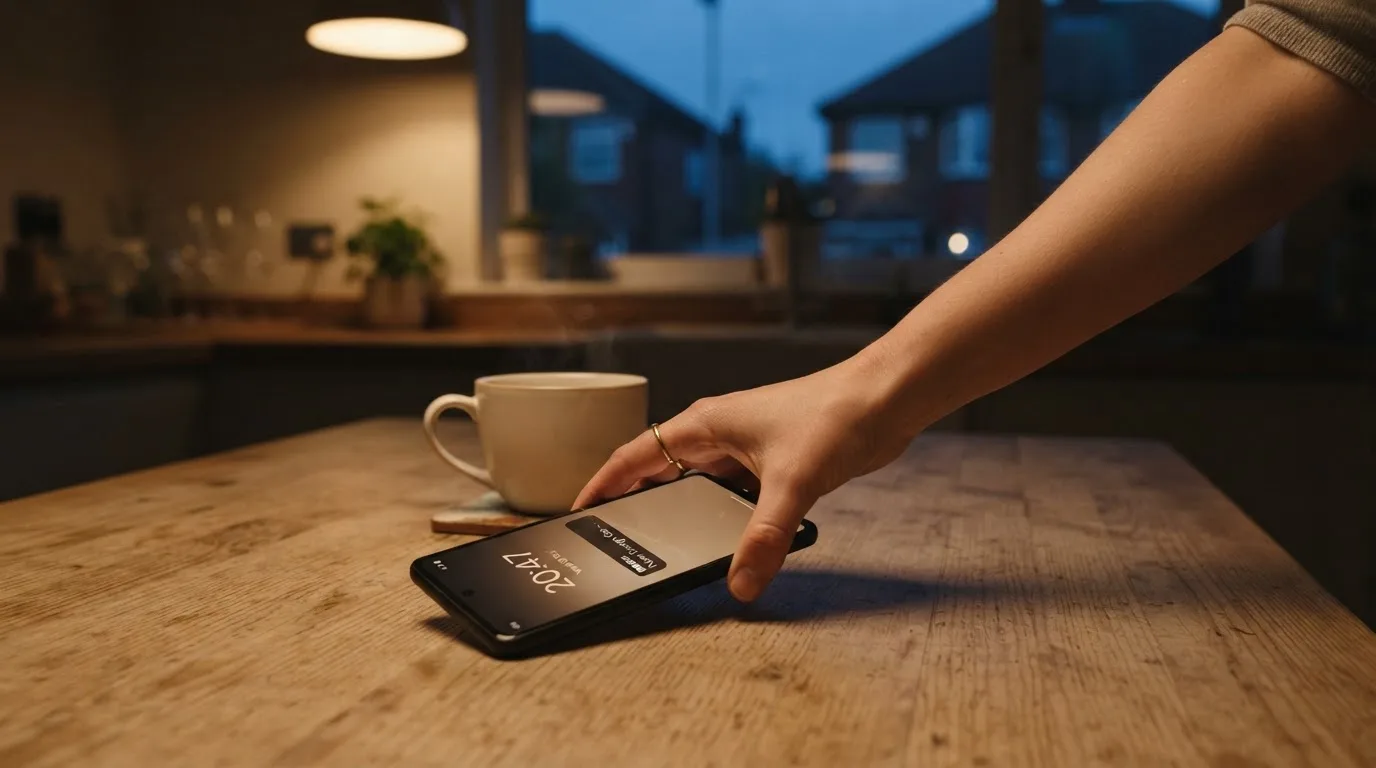 A hand setting a smartphone down beside a cup of tea on a kitchen table on a quiet evening